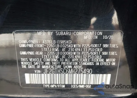 2021 Subaru Crosstrek Sport z USA, uszkodzony, nr VIN JF2GTHSC6MH275490